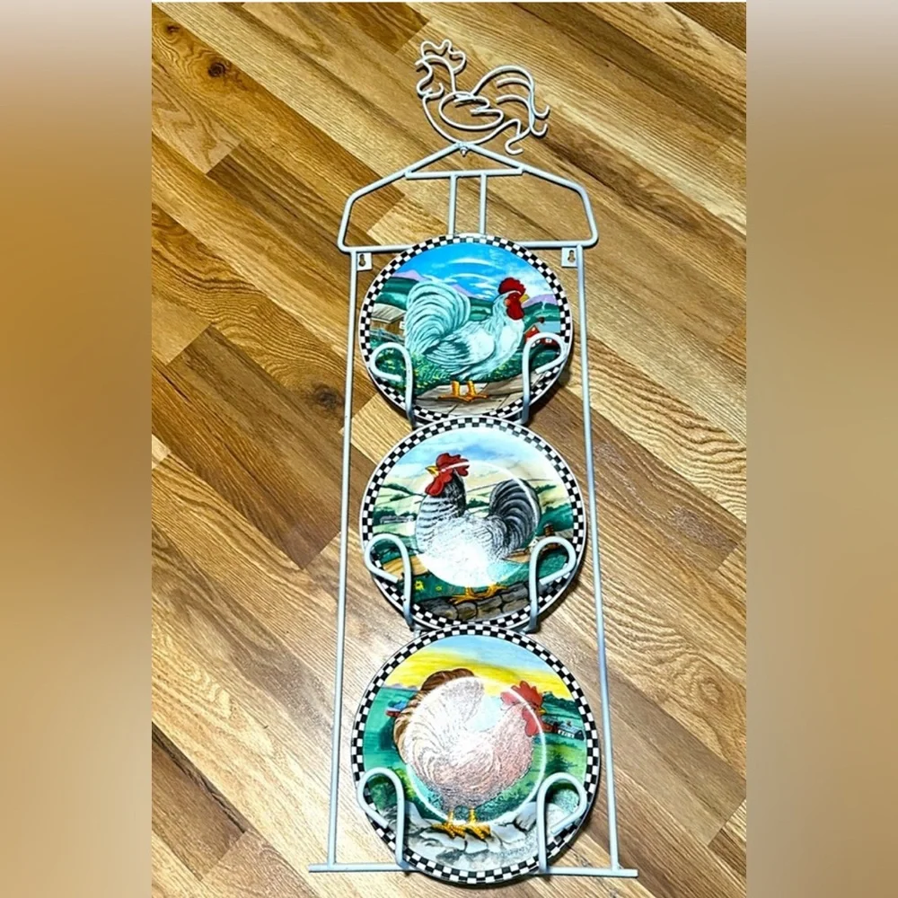 Vintage rooster wire plate wall decor 3 rooster plates set